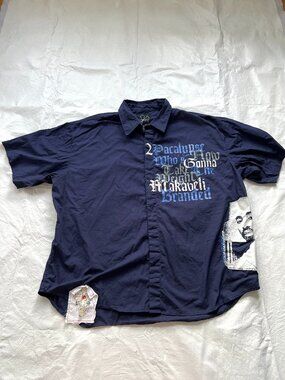 Makaveli Branded shirt short sleeve mens 4XL button front navy blue 2pac patch